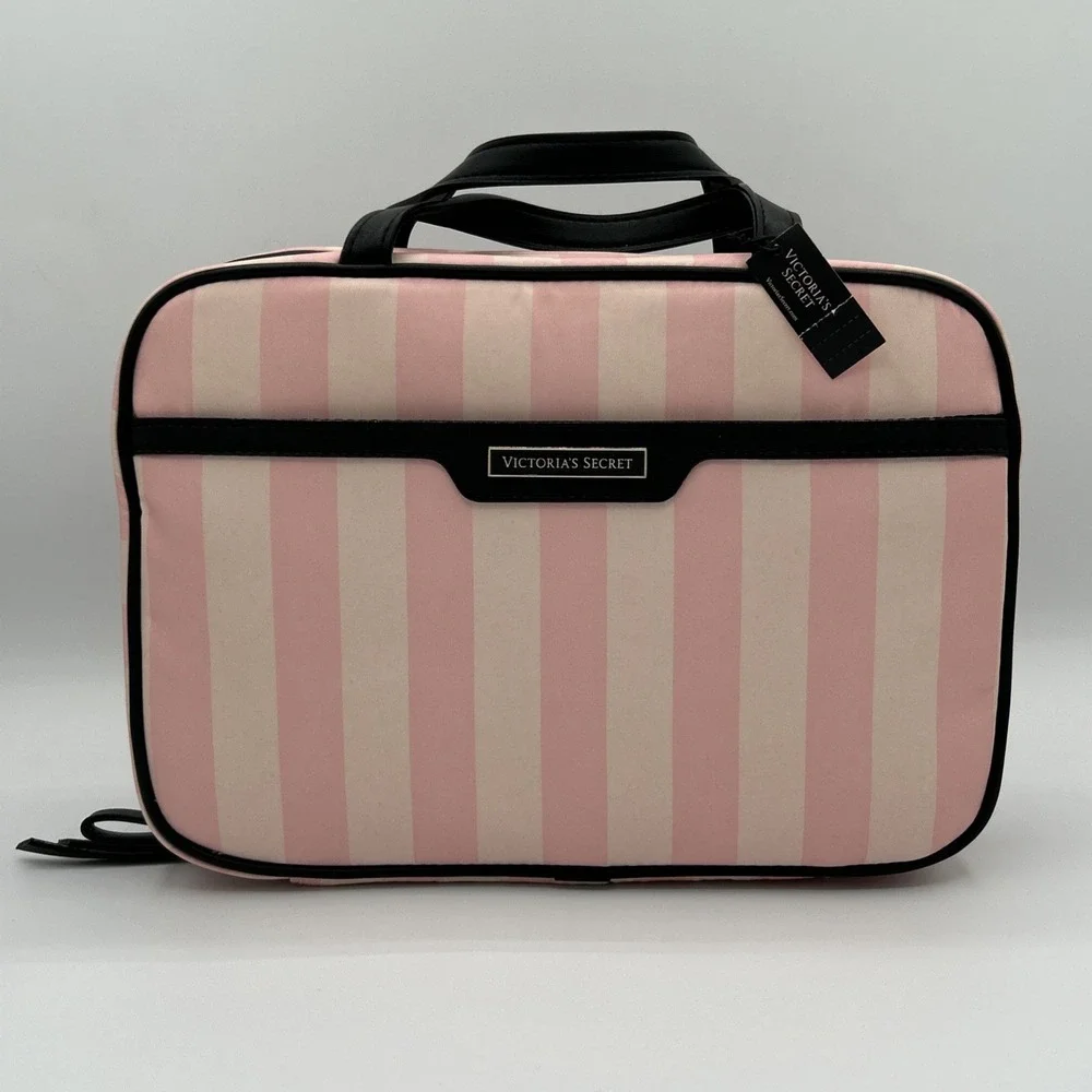 Victoria's Secret Hanging Cosmetics Bag,Heritage Stripes Pink Travel Case NEW - Picture 1 of 15